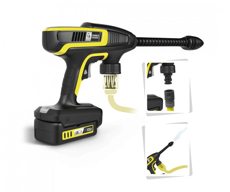 Smoby Karcher High Pressure Gun showing hose connection point, tap adaptor detail and flexible spray lance in use