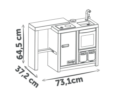 Smoby Kitchen Island black and white dimensions diagram showing the play kitchen measuring 73.1 cm wide, 37.2 cm deep and 64.5 cm high.