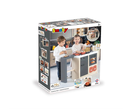 Smoby Kitchen Island retail packaging showing two children playing with the kitchen, 23 accessories, 360 degree access and recycled material information.