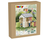 Front of the Smoby Life Nature Playhouse kitchen box showing the playhouse and feature images