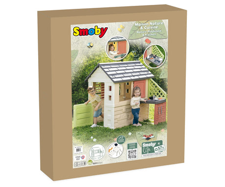 Front of the Smoby Life Nature Playhouse kitchen box showing the playhouse and feature images