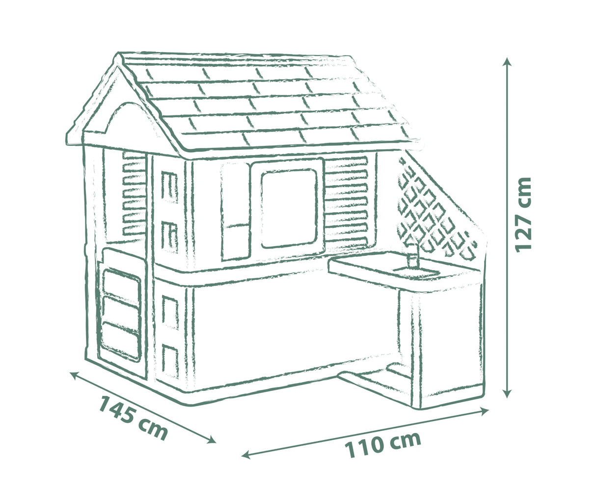 Smoby Life Nature Playhouse kitchen dimensions diagram showing 145 cm, 110 cm and 127 cm