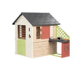 Smoby Life Nature Playhouse with attached kitchen, sink, grill area and utensils