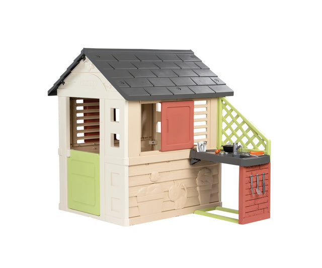 Smoby Life Nature Playhouse with attached kitchen, sink, grill area and utensils