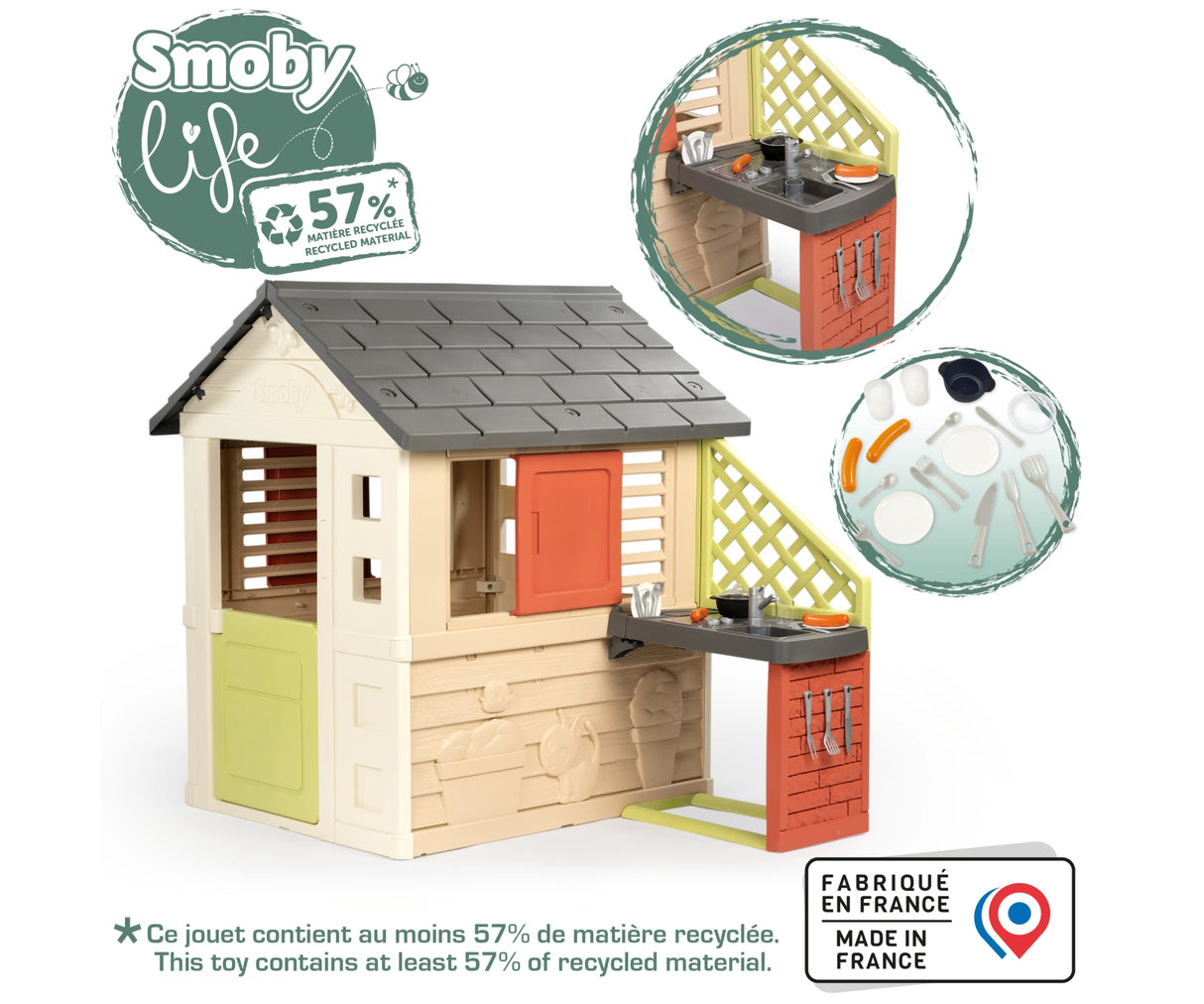 Smoby Life Nature Playhouse with kitchen, recycled material graphic and accessory set display