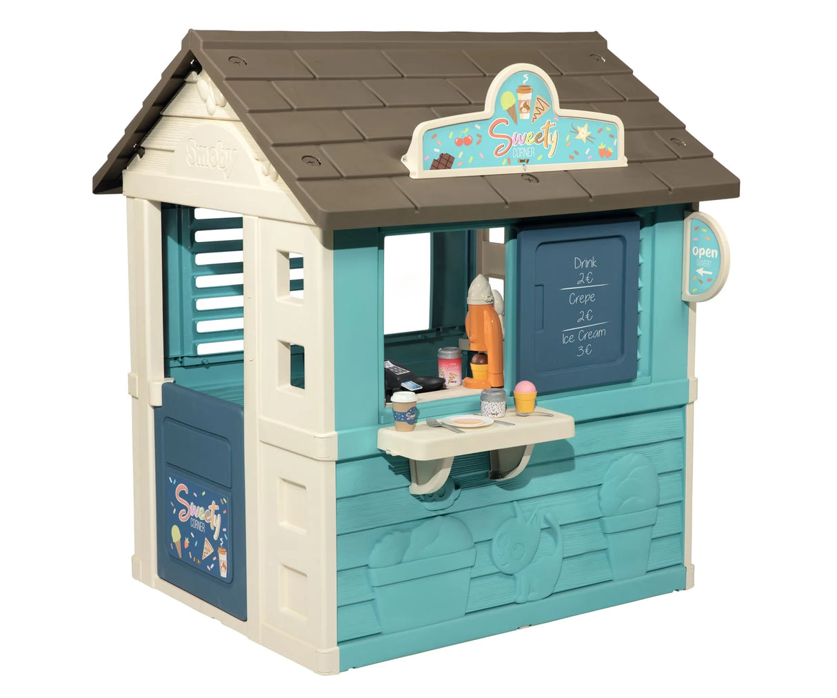 Smoby Life Playhouse Sweety Corner front view with blue and cream outdoor sweet shop playhouse