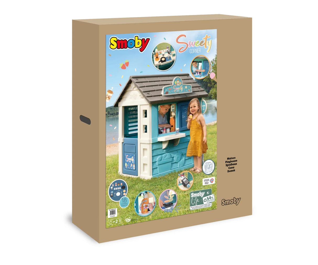 Smoby Life Playhouse Sweety Corner product box showing the garden sweet shop playhouse
