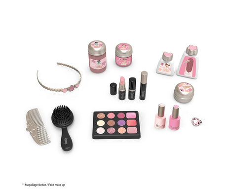 Close up of Smoby My Beauty Dressing Table accessories including pretend makeup and brushes