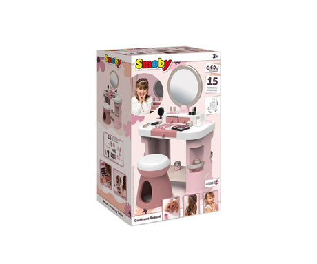 Smoby My Beauty Dressing Table box showing pink vanity table, mirror, stool and accessories