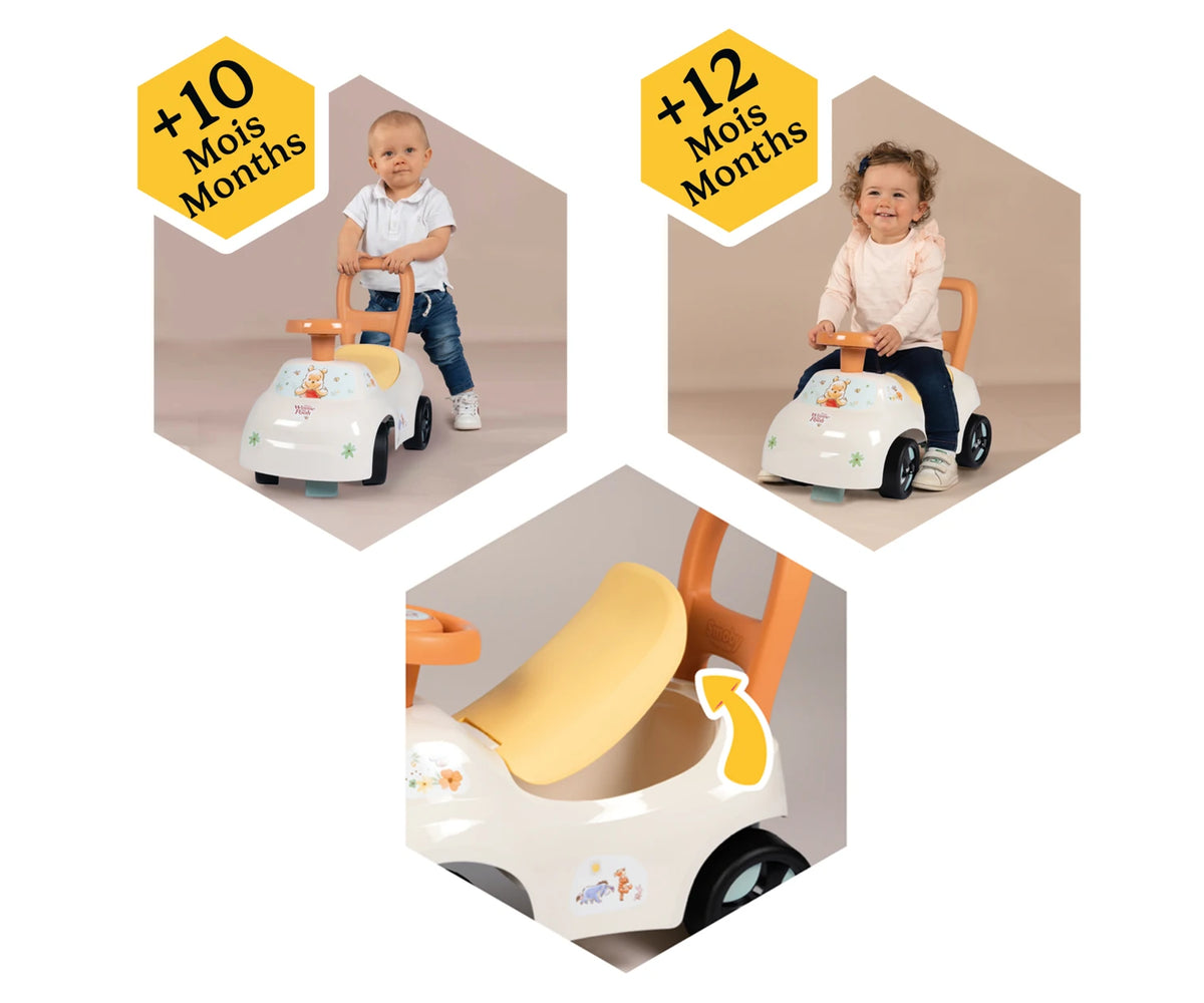 Smoby Winnie the Pooh ride on car graphic showing a child using the rear walker handle from 10 months, a child sitting on the vehicle from 12 months and a closeup of the lifting seat.