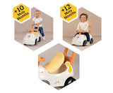 Smoby Winnie the Pooh ride on car graphic showing a child using the rear walker handle from 10 months, a child sitting on the vehicle from 12 months and a closeup of the lifting seat.