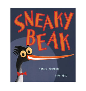 Front cover of Sneaky Beak showing a black bird with a long orange beak smiling beneath bold red title text on a dark blue background