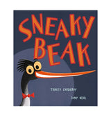 Cover artwork of Sneaky Beak showing the mischievous bird character against a simple dark blue background with the title centred above