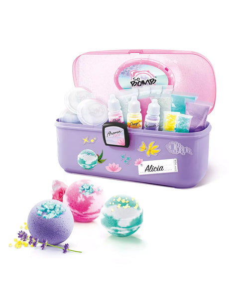 Open So Bomb DIY Aroma Bath Bomb Vanity Case showing fragrances, salts and bath bomb moulds in Ireland