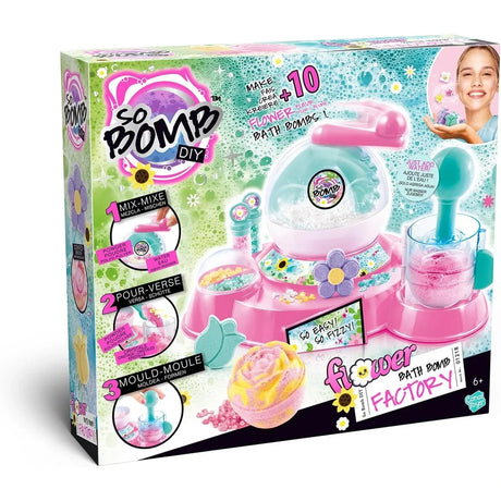 So Bomb DIY Flower Bath Bomb Factory packaging with colourful product graphics, flower bath bomb illustrations and a 6+ age marking.