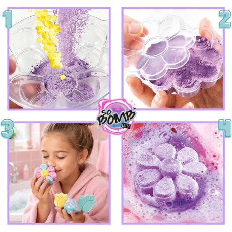 Four-panel photographic demonstration of the So Bomb DIY Flower Bath Bomb Kit, showing stages of preparing and shaping the bath bomb mixture.
