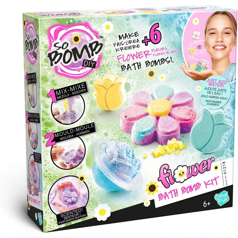 So Bomb DIY Flower Bath Bomb Kit packaging featuring illustrated flower bath bombs, product information, colourful graphics and a 6+ age marking.