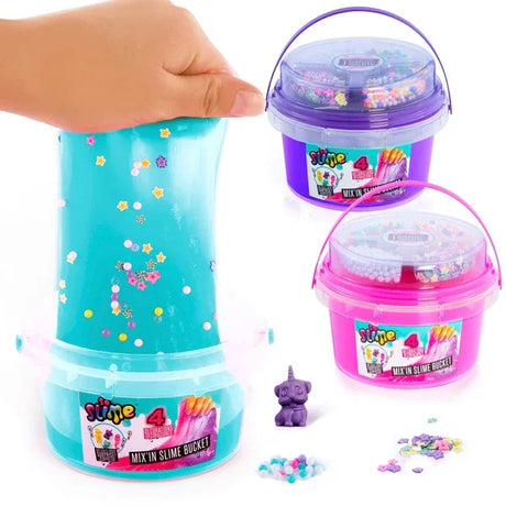 Hand stretching colourful slime with decorations from the So Slime Bucket & Decorations in Ireland