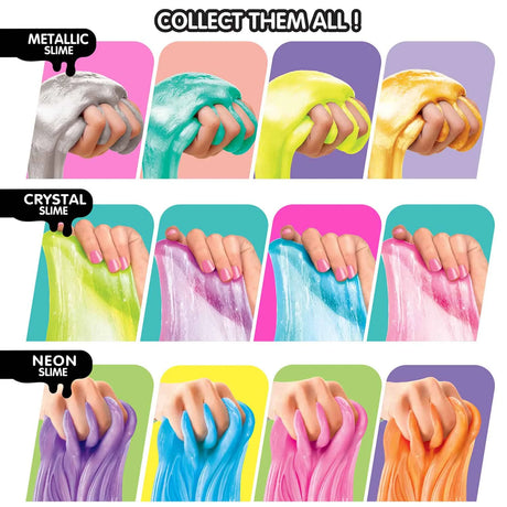 Close-up of hands stretching neon, metallic and crystal slime textures – Ireland