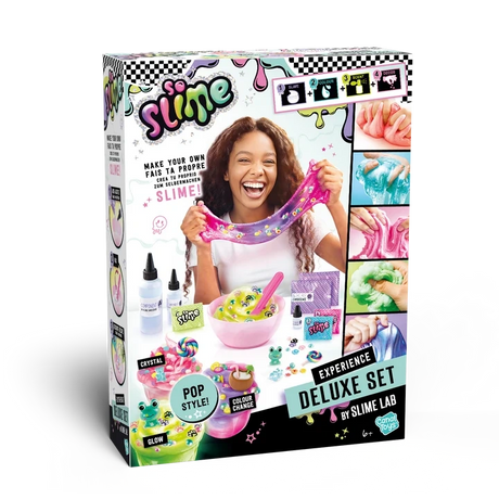 So Slime Experience Deluxe Set Pop Style retail box viewed at an angle, showing a girl stretching pink slime and illustrations of colourful slime mixtures and decorations.