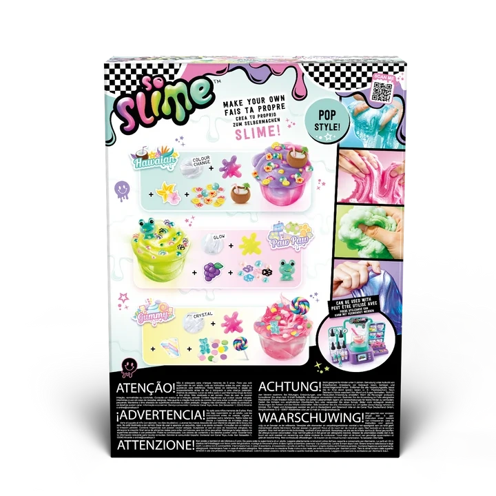 Back of the So Slime Experience Deluxe Set Pop Style box showing Hawaiian Colour Change, Paw Paw Glow and Gummy Crystal slime designs with their decorations and ingredients.