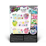 Back of the So Slime Experience Deluxe Set Pop Style box showing Hawaiian Colour Change, Paw Paw Glow and Gummy Crystal slime designs with their decorations and ingredients.