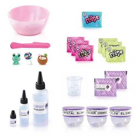 So Slime Experience Deluxe Set Pop Style contents laid out, including a pink mixing bowl, spatula, ingredient bottles, measuring cup, slime powder sachets, decoration packets, miniature charms and three clear storage pots labelled Crystal Slime, Colour Change and Glow Slime.