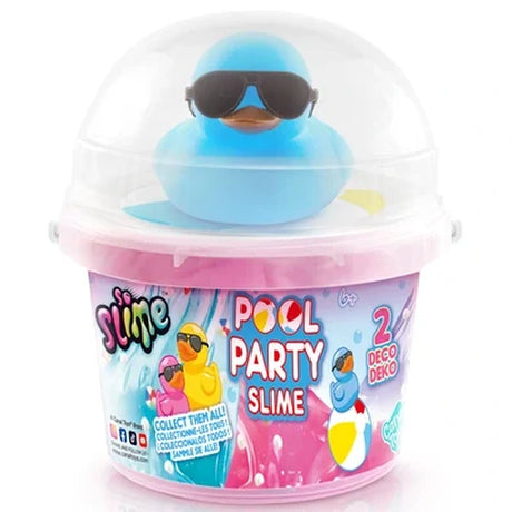 So Slime Ducky Pool Party bucket containing pink slime, topped with a blue rubber duck wearing black sunglasses inside a clear domed lid, with colourful Pool Party Slime packaging.