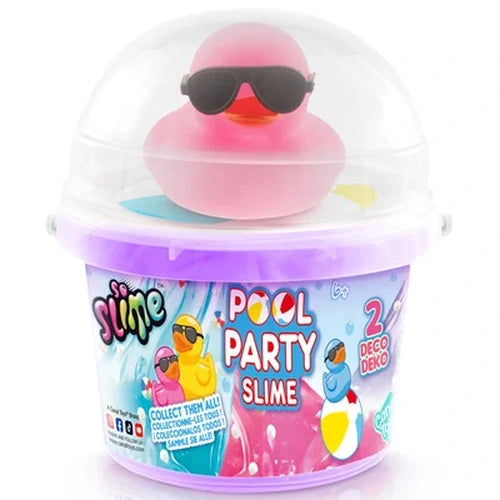 So Slime Ducky Pool Party bucket containing purple slime, topped with a pink rubber duck wearing black sunglasses inside a clear domed lid, with colourful Pool Party Slime packaging.