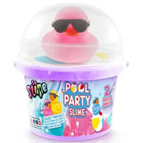 So Slime Ducky Pool Party bucket containing purple slime, topped with a pink rubber duck wearing black sunglasses inside a clear domed lid, with colourful Pool Party Slime packaging.