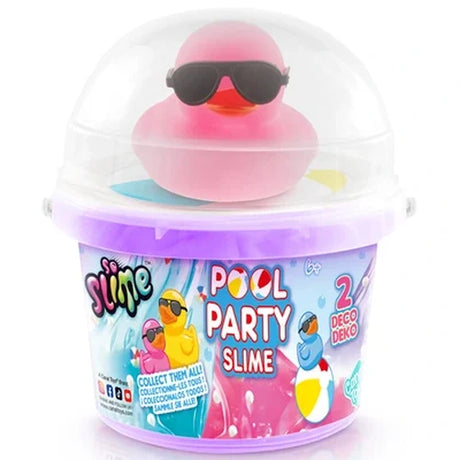 So Slime Ducky Pool Party bucket containing purple slime, topped with a pink rubber duck wearing black sunglasses inside a clear domed lid, with colourful Pool Party Slime packaging.