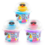 Three So Slime Ducky Pool Party buckets displayed together, featuring yellow, blue and pink rubber ducks wearing black sunglasses beneath clear domed lids, with blue, pink and purple slime colours.