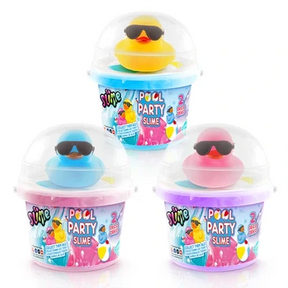 Three So Slime Ducky Pool Party buckets displayed together, featuring yellow, blue and pink rubber ducks wearing black sunglasses beneath clear domed lids, with blue, pink and purple slime colours.