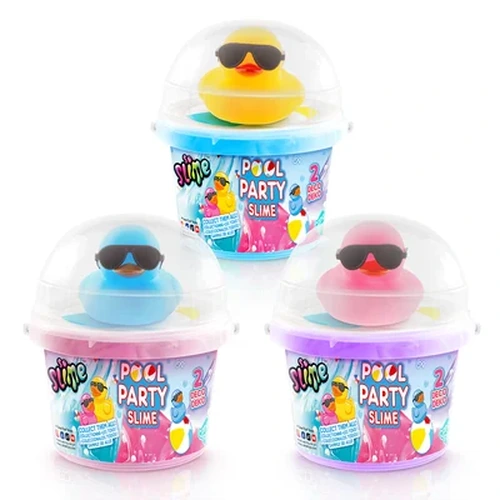 Three So Slime Ducky Pool Party buckets displayed together, featuring yellow, blue and pink rubber ducks wearing black sunglasses beneath clear domed lids, with blue, pink and purple slime colours.