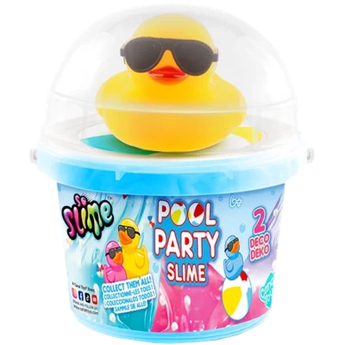 So Slime Ducky Pool Party bucket containing blue slime, topped with a yellow rubber duck wearing black sunglasses inside a clear domed lid, with colourful Pool Party Slime packaging.