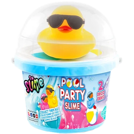 So Slime Ducky Pool Party bucket containing blue slime, topped with a yellow rubber duck wearing black sunglasses inside a clear domed lid, with colourful Pool Party Slime packaging.