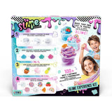 Rear packaging of the So Slime Experience Kit showing four stages for choosing a slime base, adding colour, adding scent and decorating with charms, alongside examples of finished slime and two children.