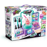 So Slime Experience Lab retail packaging viewed from the front and left side, showing the electronic slime laboratory, ingredient bottles, mixing bowl, slime containers, digital display and examples of different slime textures.