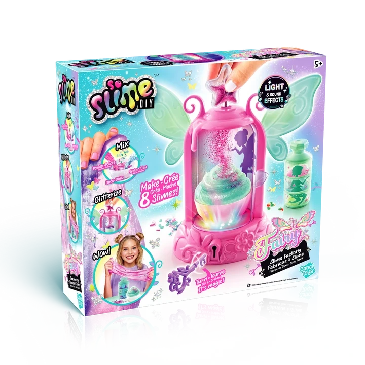 So Slime DIY Fairy Slime Potion Maker retail box viewed at an angle, featuring the pink winged potion machine and fairy slime making artwork.