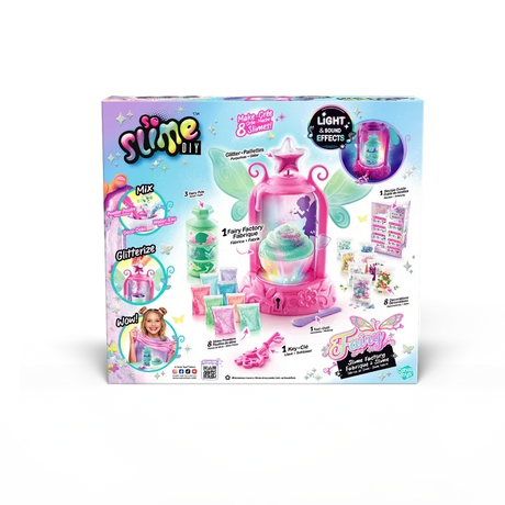 Back of the So Slime DIY Fairy Slime Potion Maker packaging showing the pink fairy machine with wings, illuminated slime potion, powder sachets, glitter decorations and pink key.