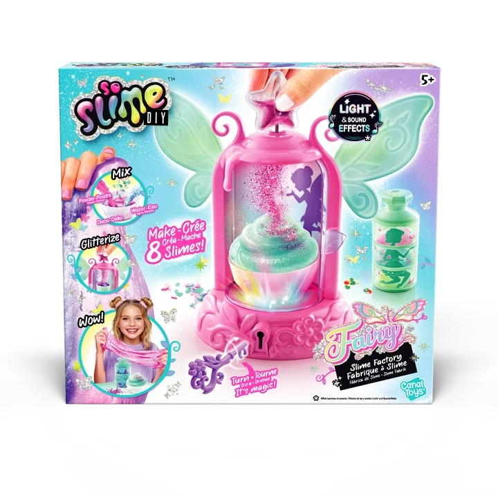 Front of the So Slime DIY Fairy Slime Potion Maker retail packaging featuring the pink fairy potion machine and colourful slime making illustrations.