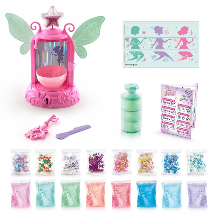 So Slime DIY Fairy Slime Potion Maker kit contents featuring the pink fairy machine and supplied slime making ingredients and accessories.