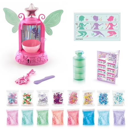 So Slime DIY Fairy Slime Potion Maker kit contents featuring the pink fairy machine and supplied slime making ingredients and accessories.