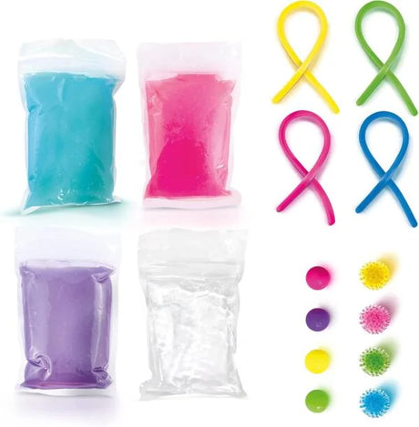 Contents of So Slime Fidget Kit with coloured slimes, stretchy loops, and balls – Ireland