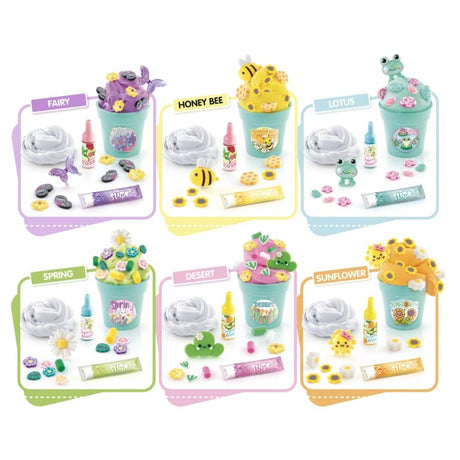 Fairy, Honey Bee, Lotus, Spring, Desert and Sunflower slime pot designs with matching decorations