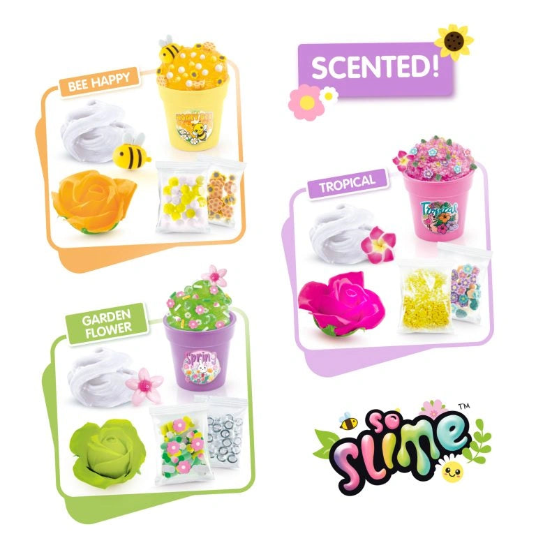 So Slime Flower Pots showing Bee Happy, Garden Flower and Tropical slime designs with decorations