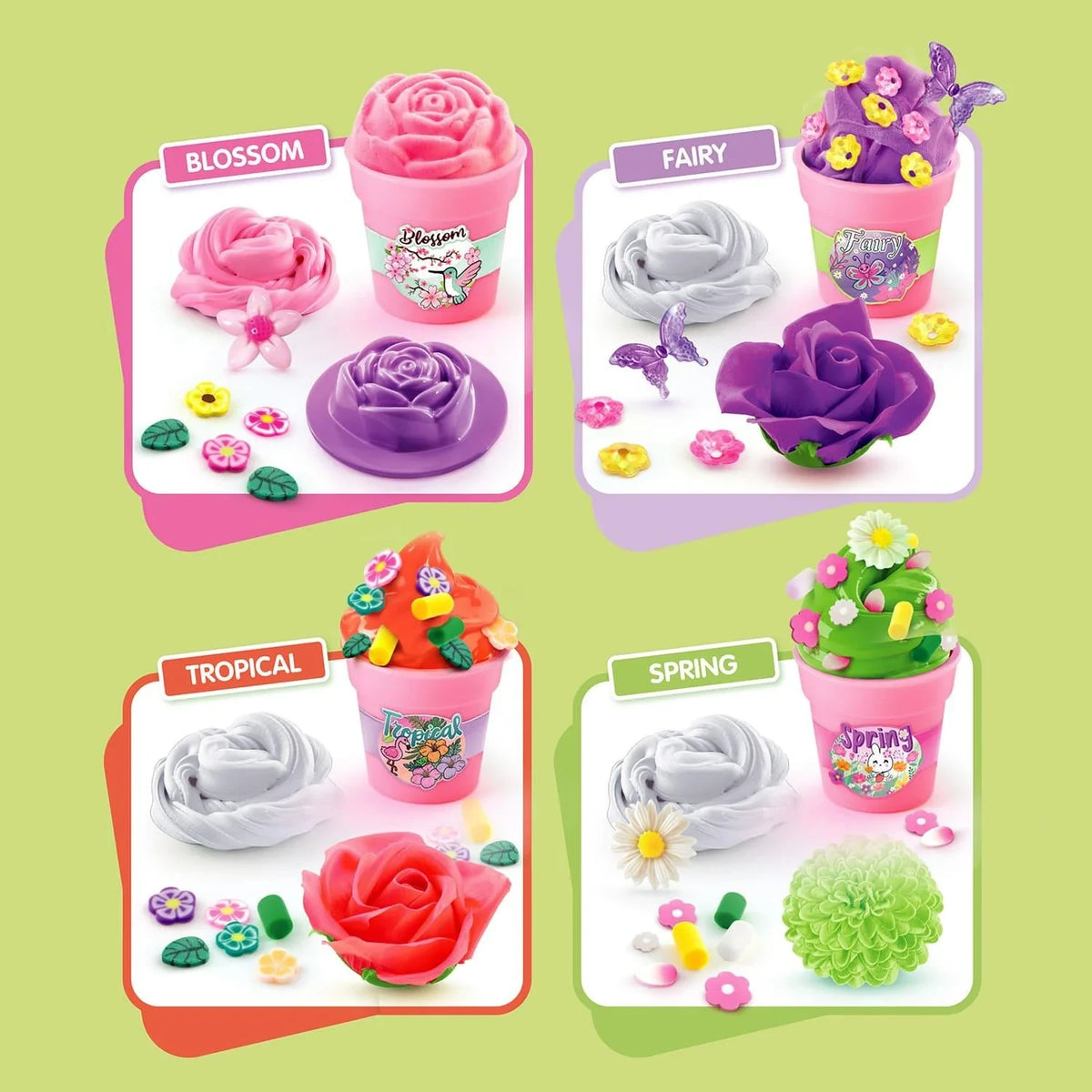 Four So Slime Flower Shop design examples labelled Blossom, Fairy, Tropical and Spring, showing pink, purple, orange and green slime creations in miniature flower pots with roses, butterflies, daisies and colourful decorations.