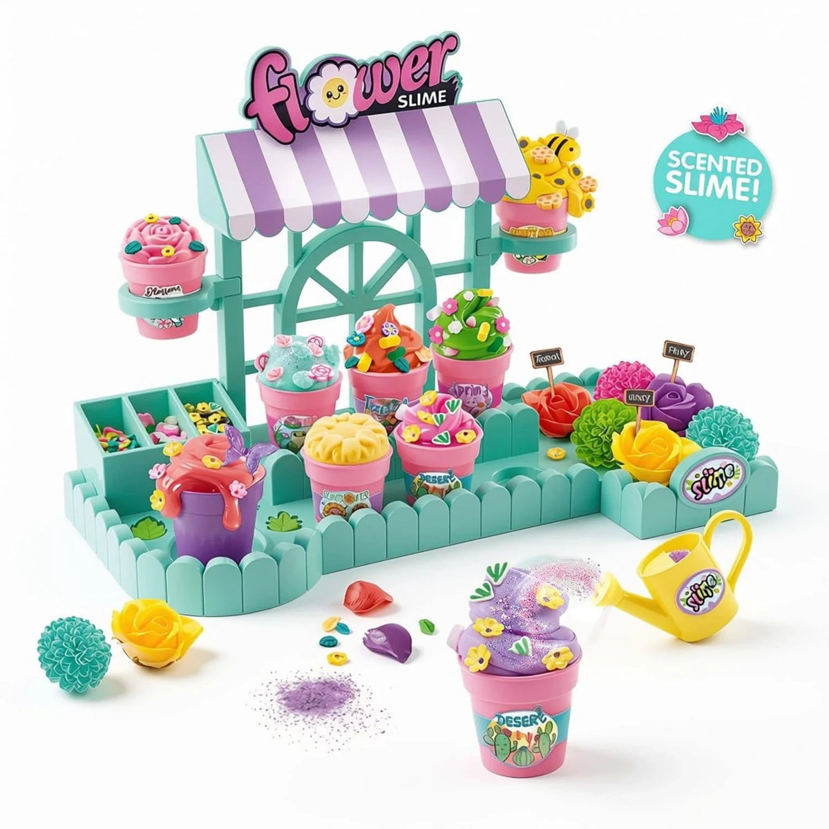 Assembled turquoise So Slime Flower Shop stand with purple and white striped canopy, eight decorated slime flower pots, colourful artificial flowers, miniature decorations, glitter and yellow watering can.