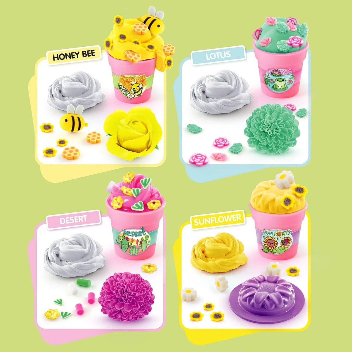 Four So Slime Flower Shop design examples labelled Honey Bee, Lotus, Desert and Sunflower, showing yellow, turquoise, pink and orange slime creations decorated with bees, sunflowers, leaves and miniature flower pieces.