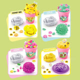 Four So Slime Flower Shop design examples labelled Honey Bee, Lotus, Desert and Sunflower, showing yellow, turquoise, pink and orange slime creations decorated with bees, sunflowers, leaves and miniature flower pieces.